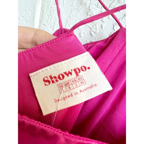 NWT Showpo Teagan Bodycon Ruched Asymmetric Strap Rosette Midi Dress Mulberry 2 - Picture 8 of 8